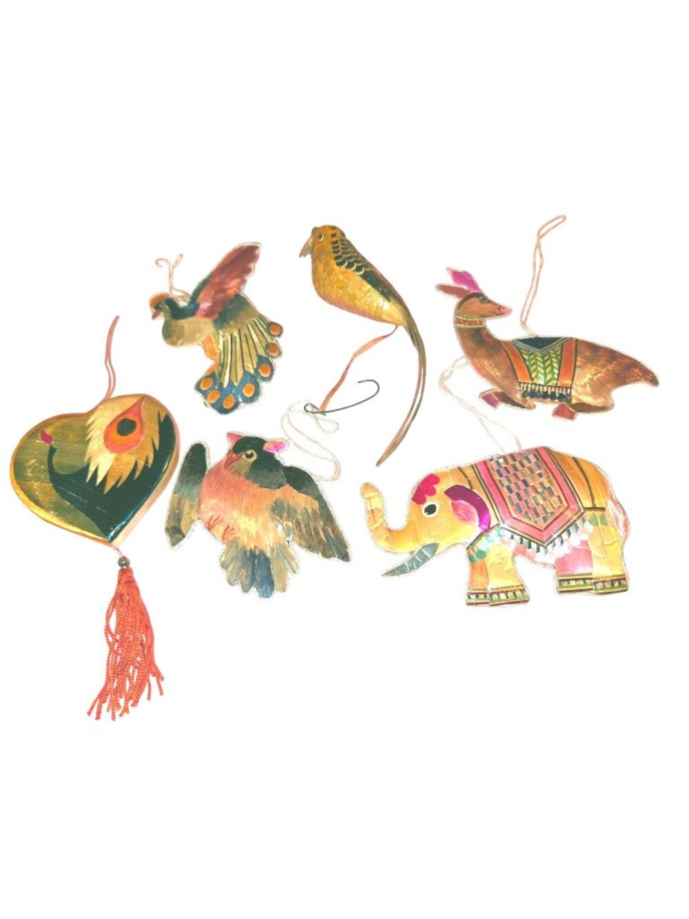Handcrafted Vintage Straw Art Animal Bird Ornaments Set Of 6 Unique Hand-Painted